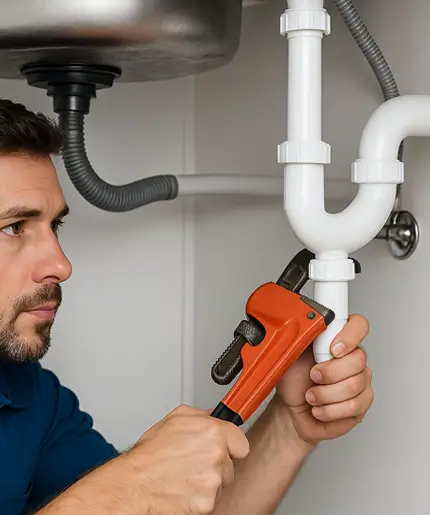 Plumber fixing kitchen sink pipe in The Woodlands