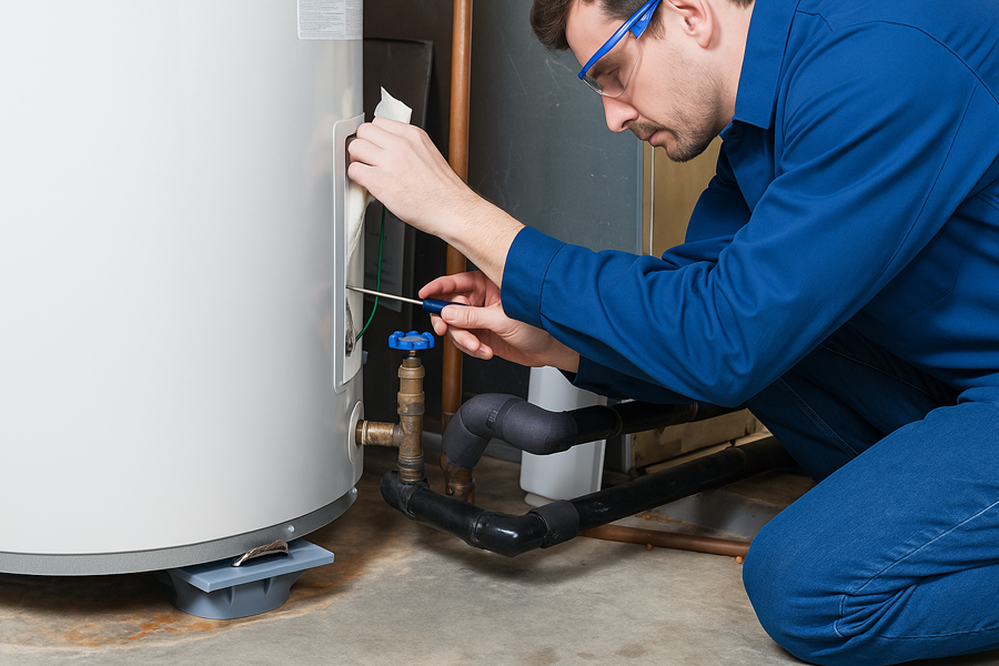 Certified Plumber Repairing a Water Heater in The Woodlands